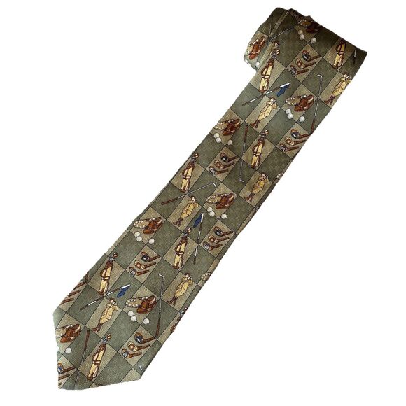 Zianetti Olive Green Brown 100% Silk Mens Classic Golf Tie USA Golfer Golfing - Picture 1 of 7